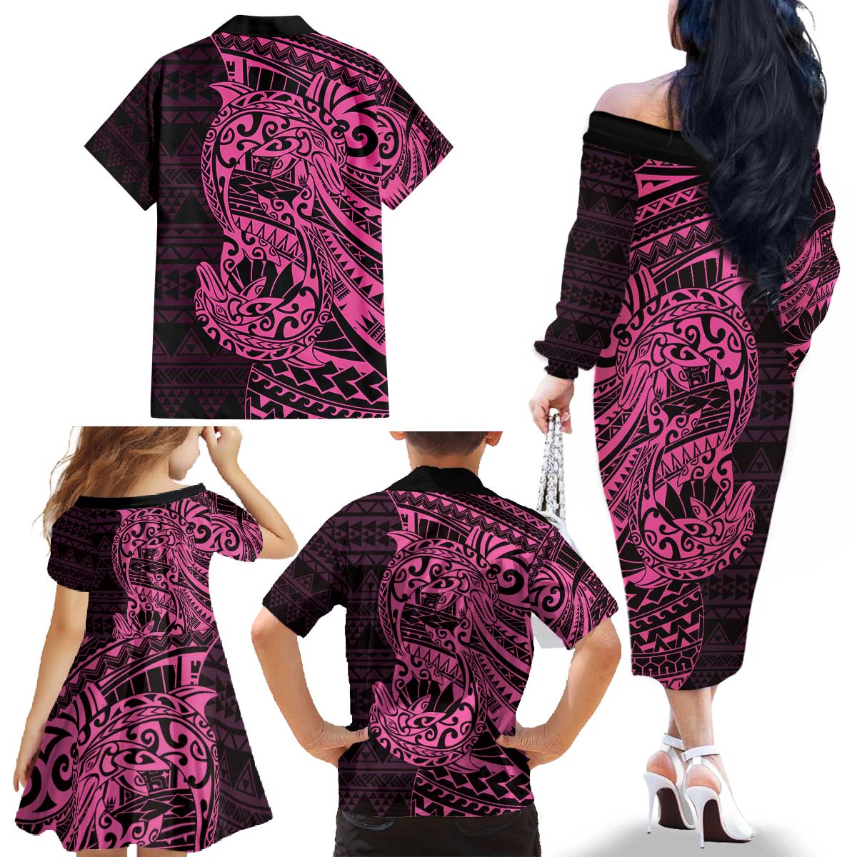 Pink Couple Dolphins Maori Polynesian Style Family Matching Off The Shoulder Long Sleeve Dress and Hawaiian Shirt LT9 - Polynesian Pride