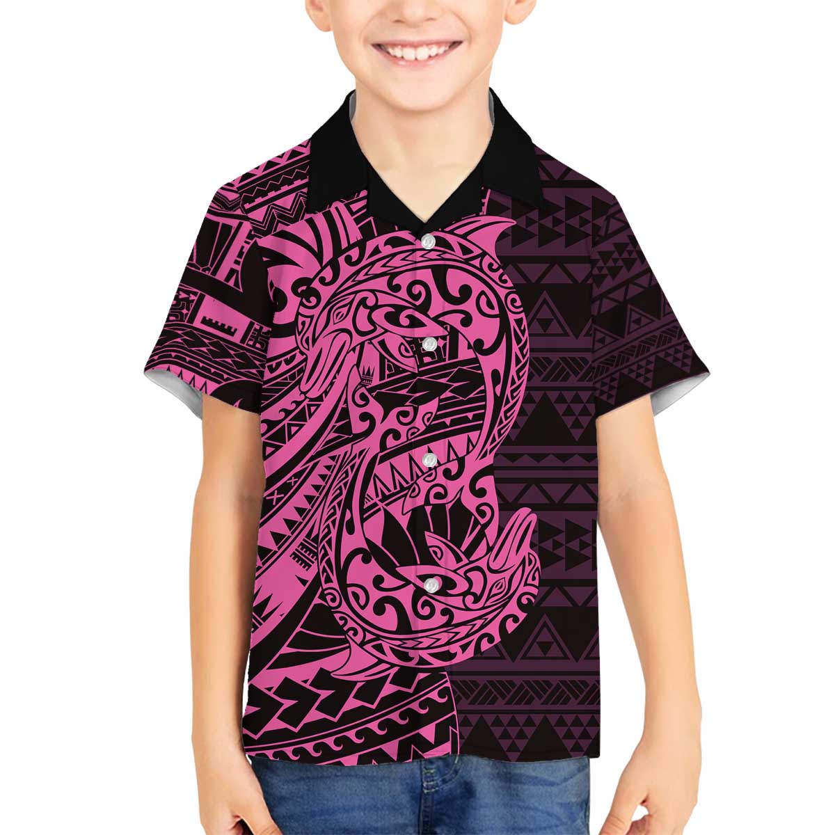 Pink Couple Dolphins Maori Polynesian Style Family Matching Off The Shoulder Long Sleeve Dress and Hawaiian Shirt LT9 Son's Shirt Pink - Polynesian Pride