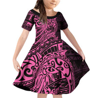 Pink Couple Dolphins Maori Polynesian Style Family Matching Off Shoulder Short Dress and Hawaiian Shirt LT9 Daughter's Dress Pink - Polynesian Pride