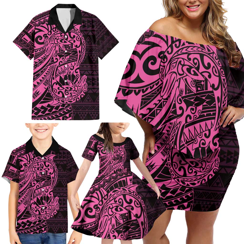 Pink Couple Dolphins Maori Polynesian Style Family Matching Off Shoulder Short Dress and Hawaiian Shirt LT9 - Polynesian Pride