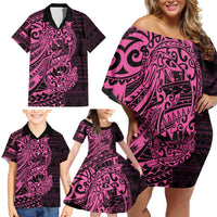 Pink Couple Dolphins Maori Polynesian Style Family Matching Off Shoulder Short Dress and Hawaiian Shirt LT9 - Polynesian Pride