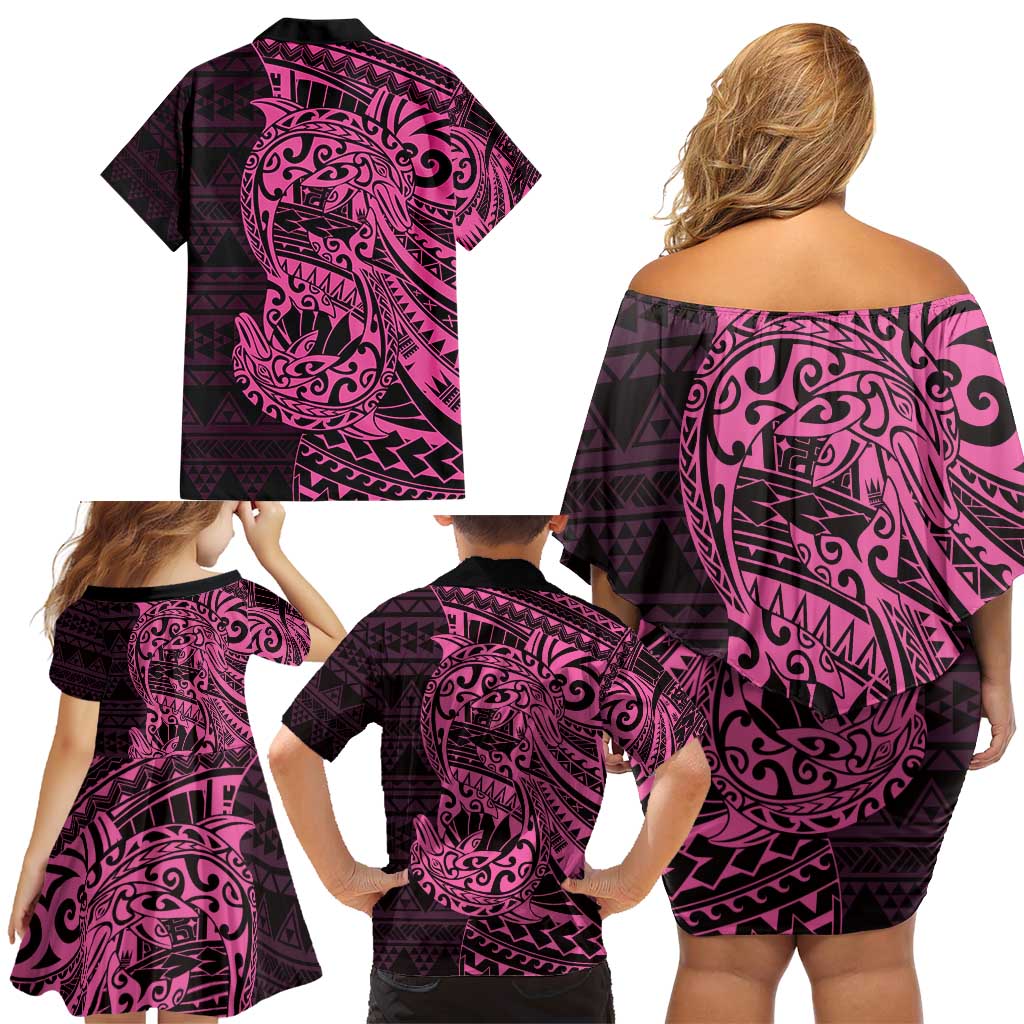 Pink Couple Dolphins Maori Polynesian Style Family Matching Off Shoulder Short Dress and Hawaiian Shirt LT9 - Polynesian Pride