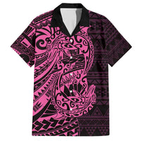 Pink Couple Dolphins Maori Polynesian Style Family Matching Off Shoulder Short Dress and Hawaiian Shirt LT9 Dad's Shirt - Short Sleeve Pink - Polynesian Pride