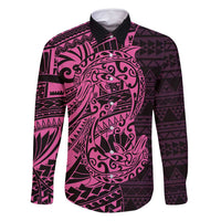 Pink Couple Dolphins Maori Polynesian Style Family Matching Off Shoulder Short Dress and Hawaiian Shirt LT9 Dad's Shirt - Long Sleeve Pink - Polynesian Pride