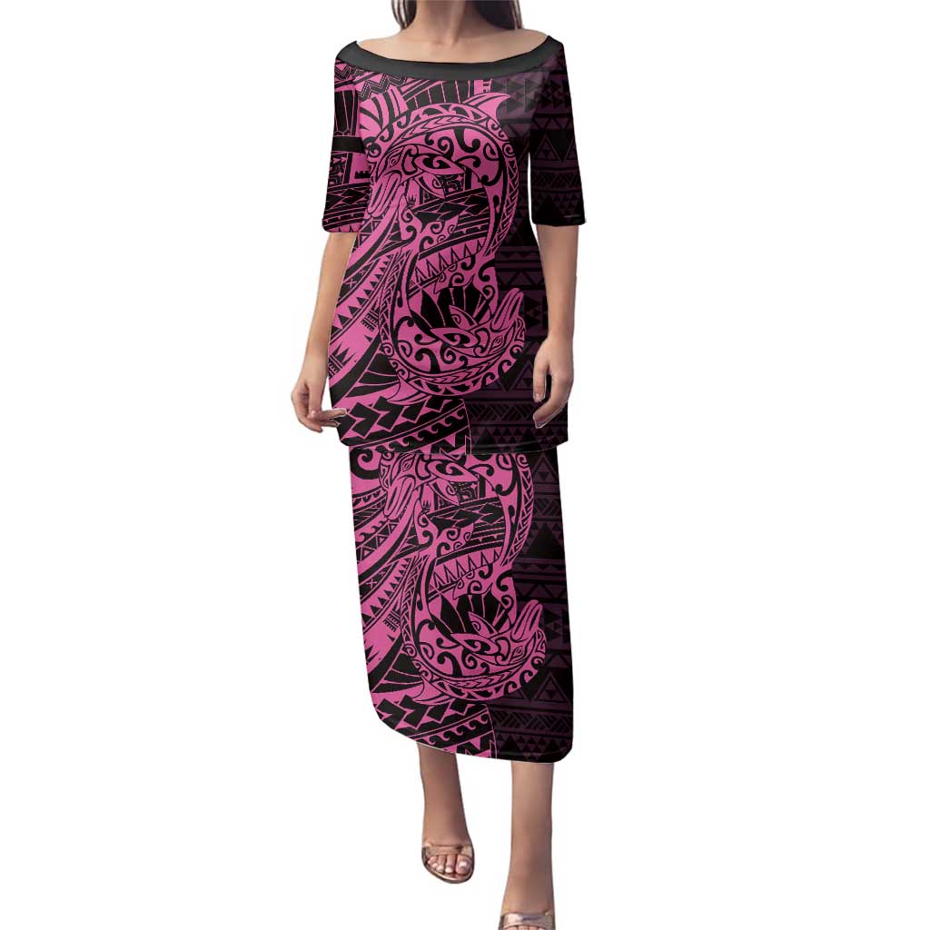 Pink Couple Dolphins Maori Polynesian Style Family Matching Puletasi and Hawaiian Shirt