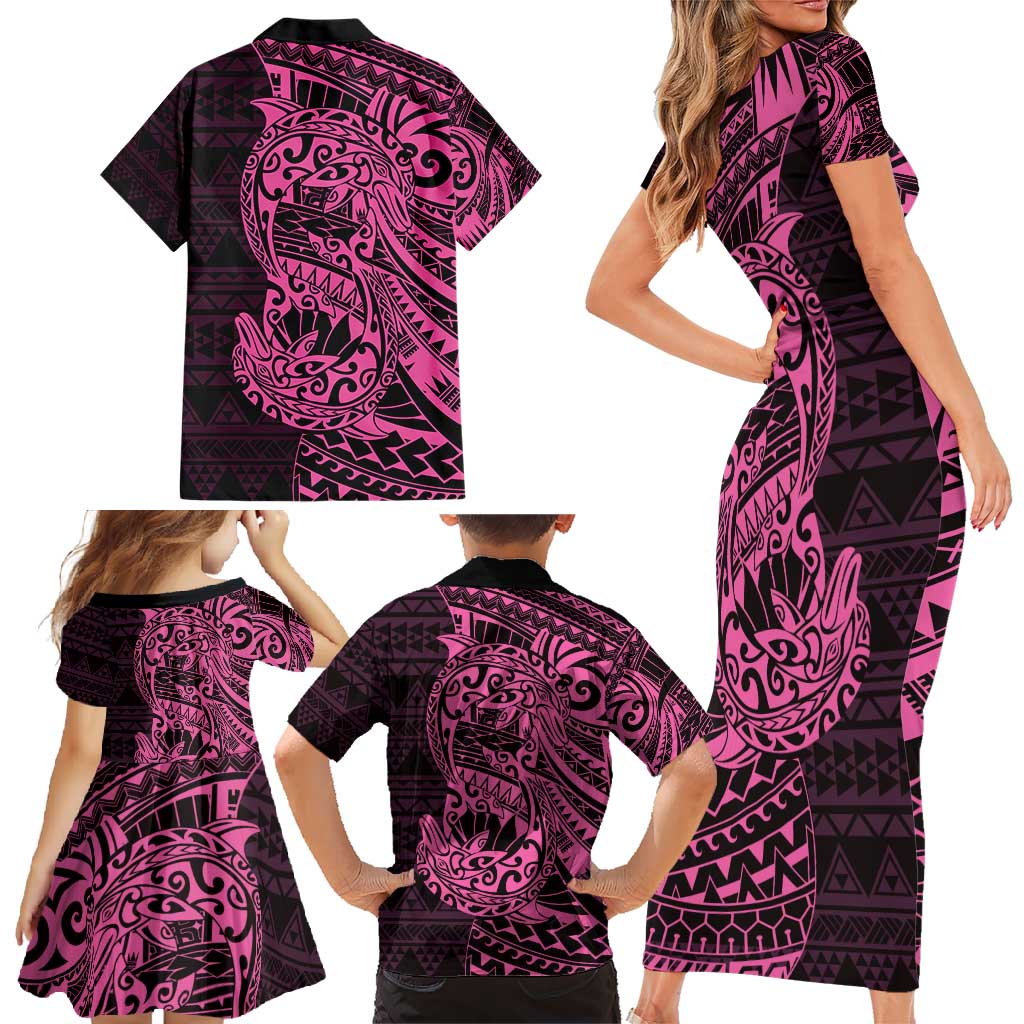 Pink Couple Dolphins Maori Polynesian Style Family Matching Short Sleeve Bodycon Dress and Hawaiian Shirt LT9 - Polynesian Pride
