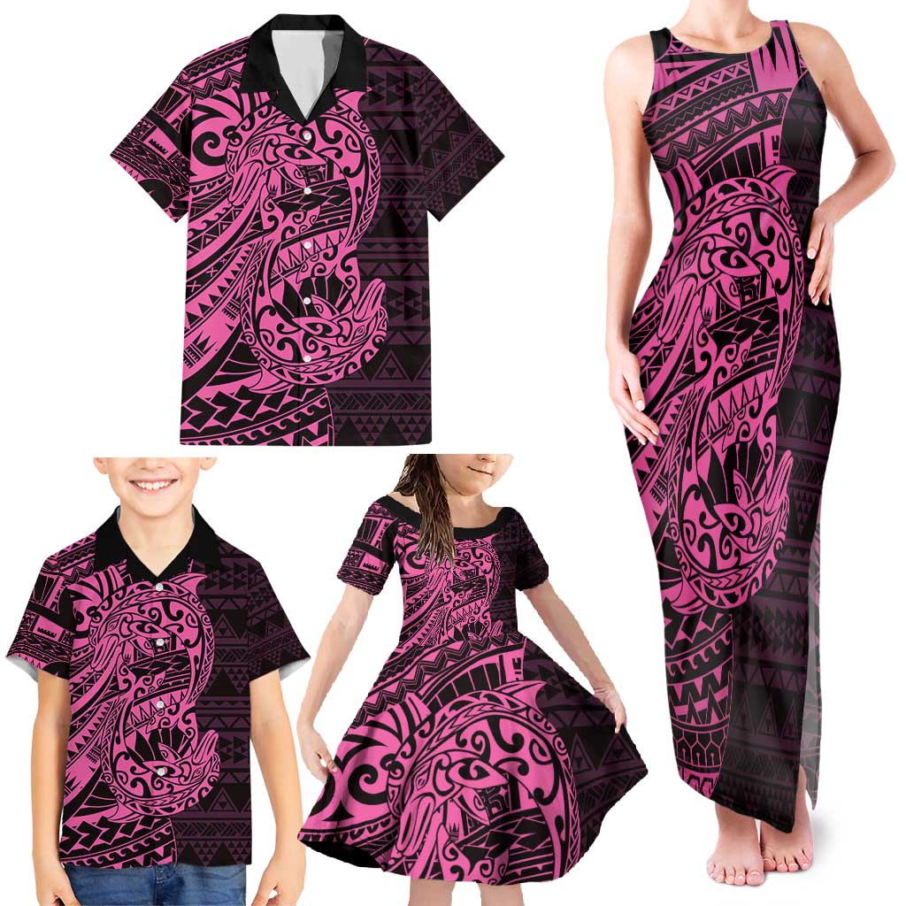 Pink Couple Dolphins Maori Polynesian Style Family Matching Tank Maxi Dress and Hawaiian Shirt LT9 - Polynesian Pride