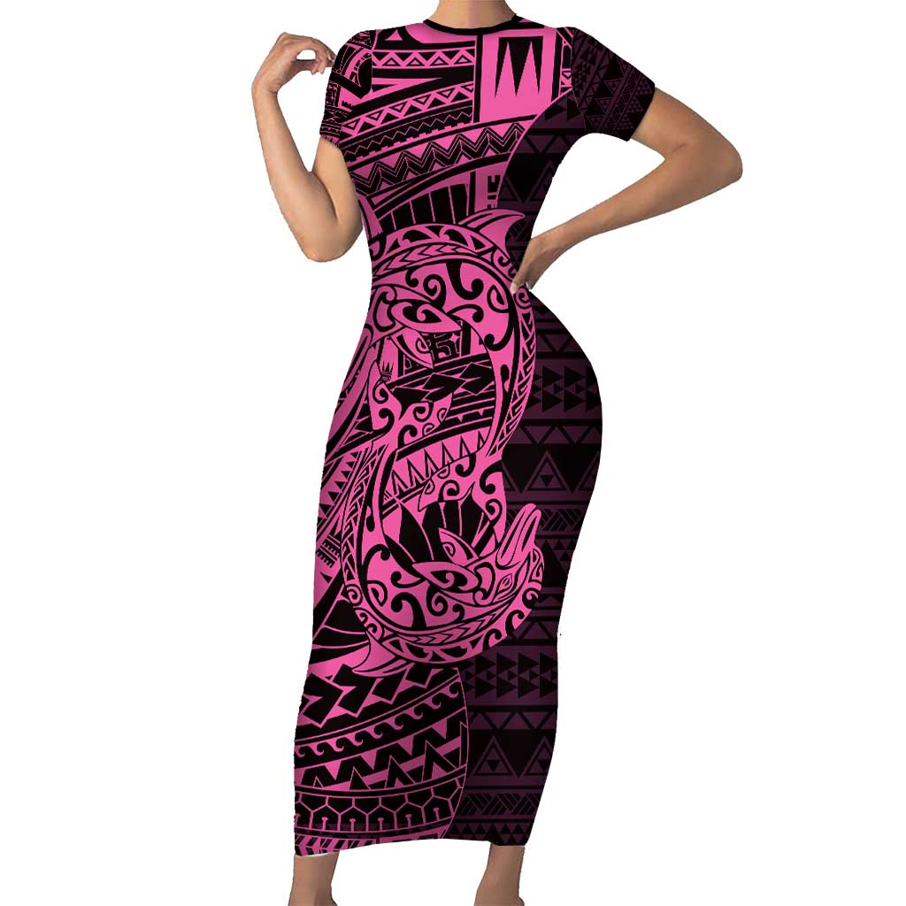Pink Couple Dolphins Maori Polynesian Style Short Sleeve Bodycon Dress LT9 Long Dress Pink - Polynesian Pride