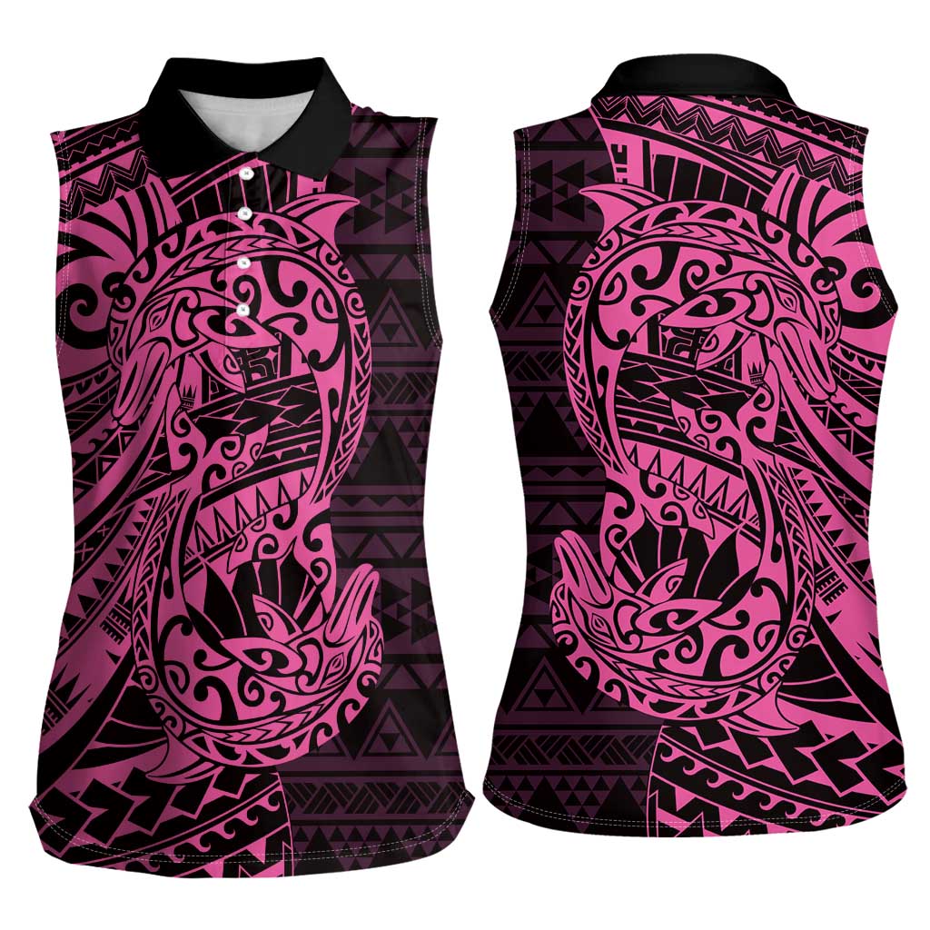 Pink Couple Dolphins Maori Polynesian Style Women Sleeveless Polo Shirt