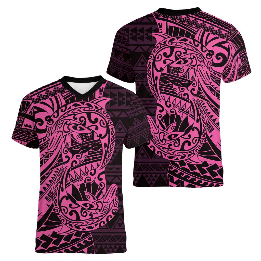 Pink Couple Dolphins Maori Polynesian Style Women V-Neck T-Shirt