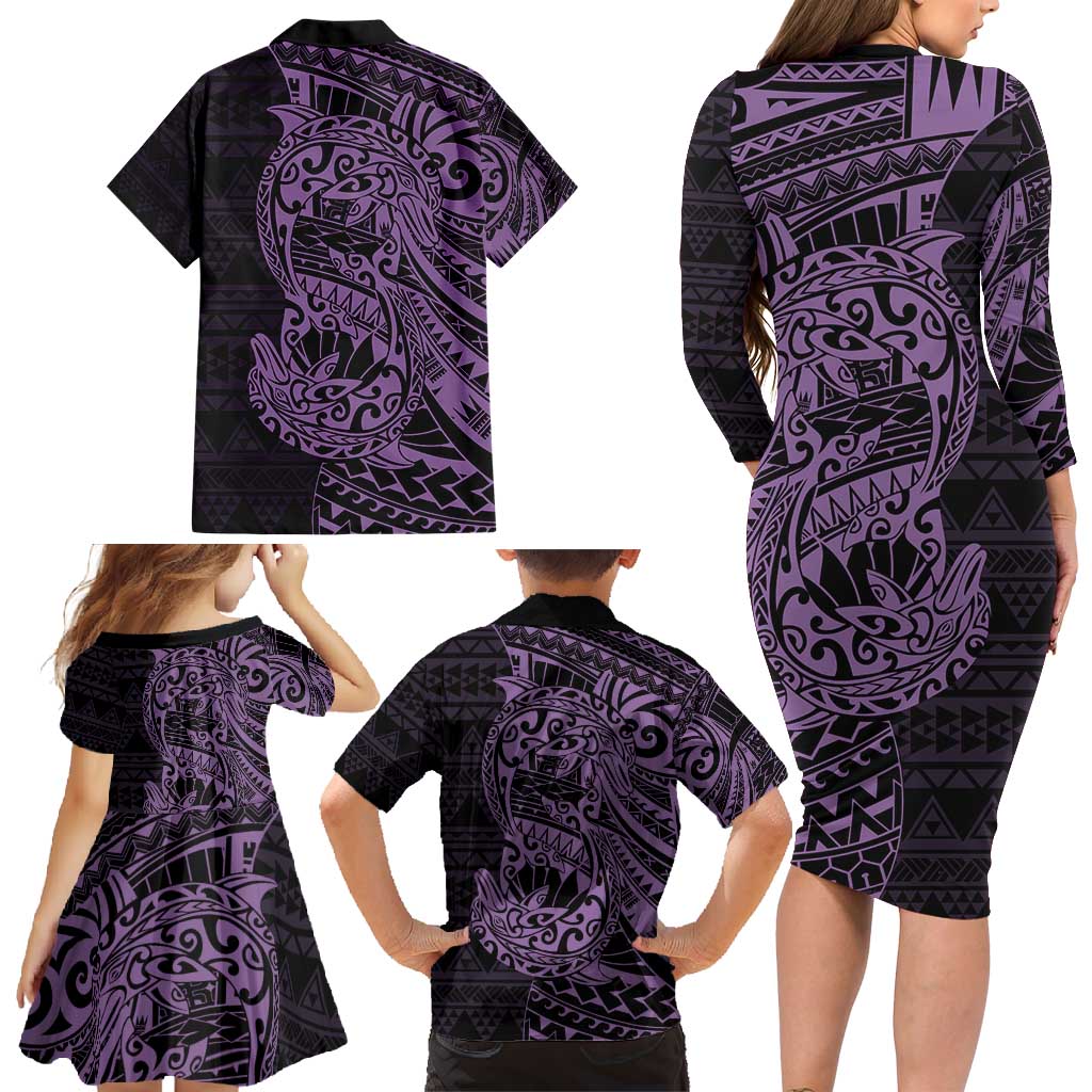 Purple Couple Dolphins Maori Polynesian Style Family Matching Long Sleeve Bodycon Dress and Hawaiian Shirt LT9 - Polynesian Pride