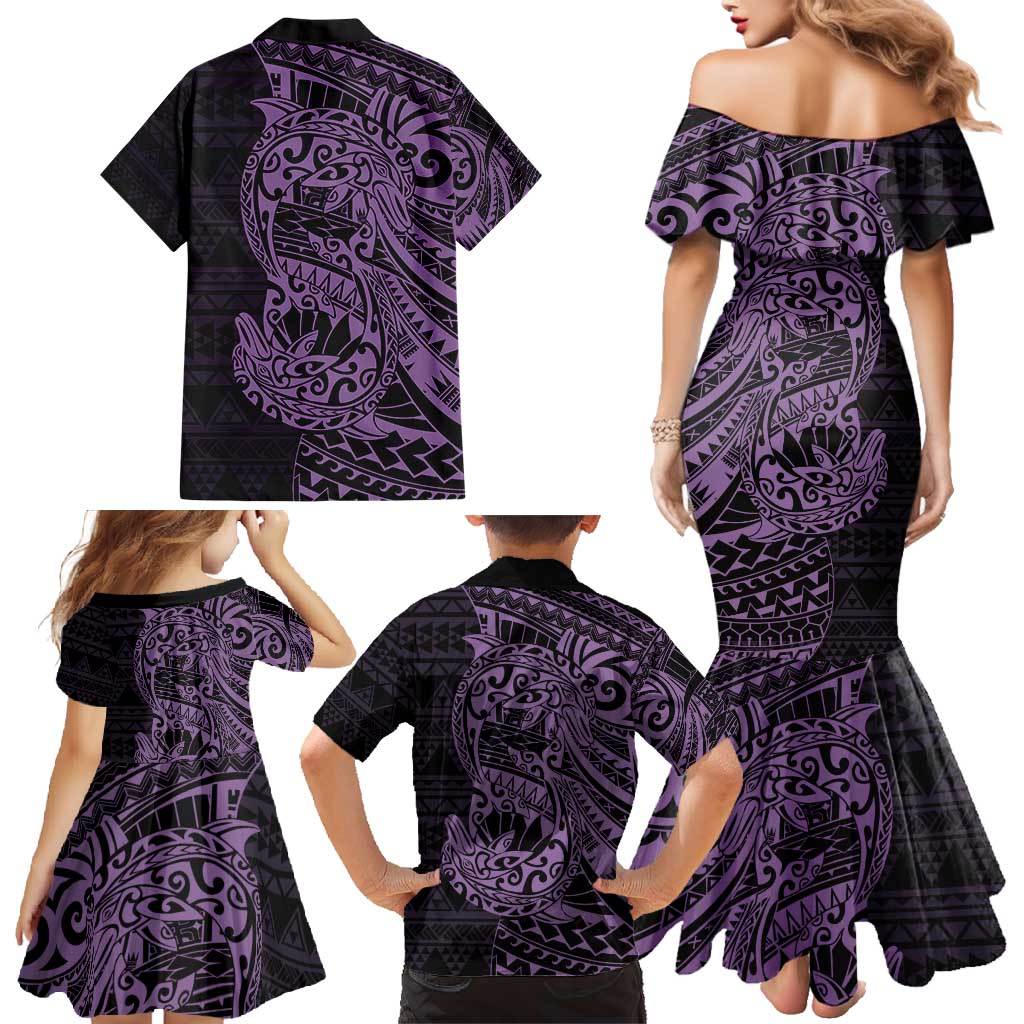 Purple Couple Dolphins Maori Polynesian Style Family Matching Mermaid Dress and Hawaiian Shirt LT9 - Polynesian Pride