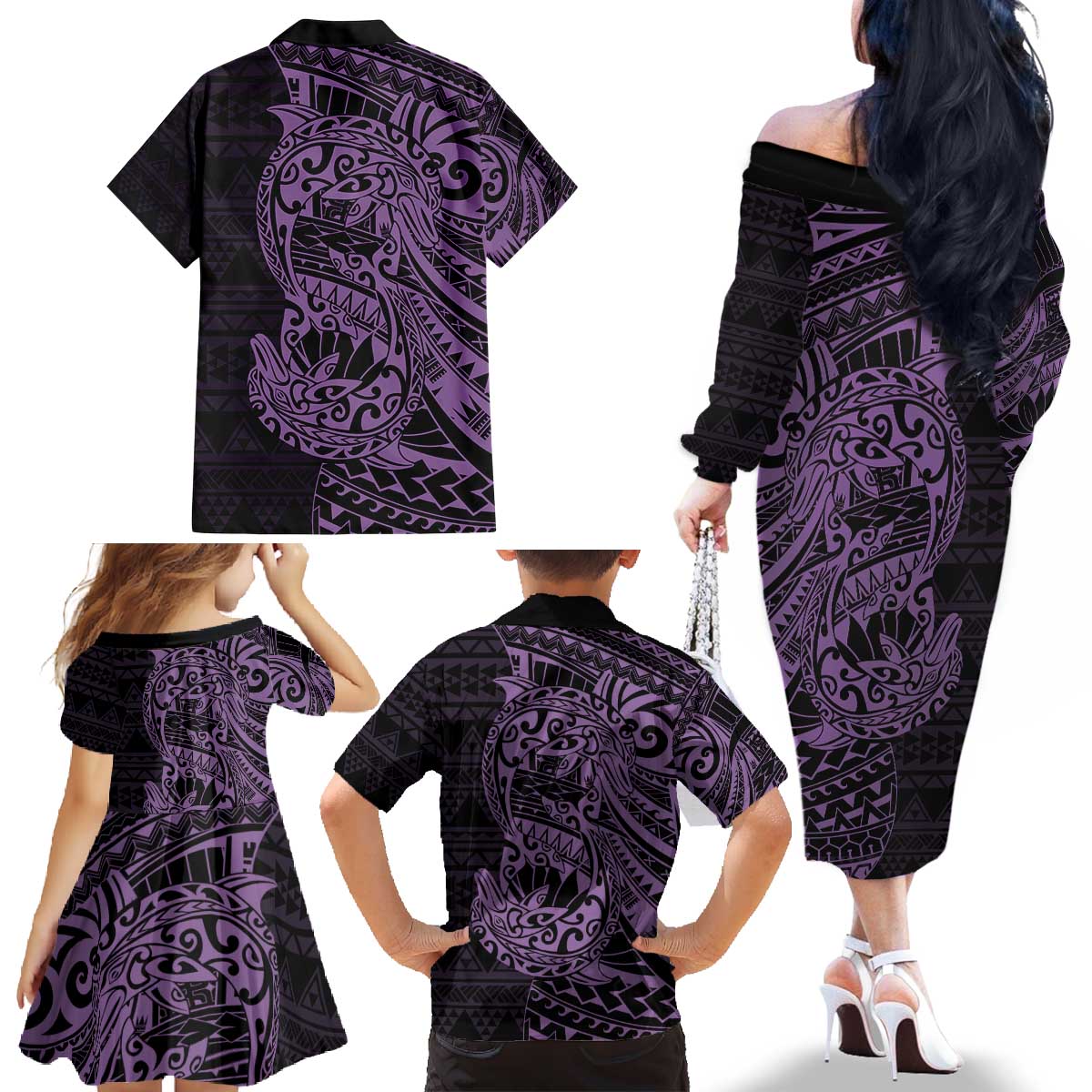 Purple Couple Dolphins Maori Polynesian Style Family Matching Off The Shoulder Long Sleeve Dress and Hawaiian Shirt LT9 - Polynesian Pride