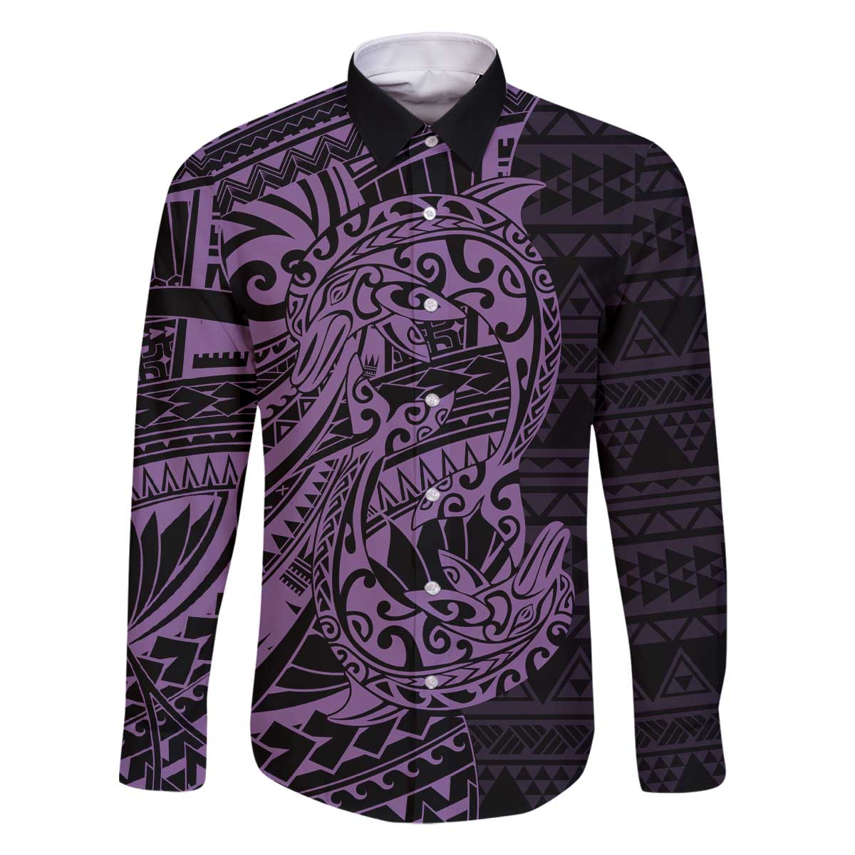 Purple Couple Dolphins Maori Polynesian Style Family Matching Off The Shoulder Long Sleeve Dress and Hawaiian Shirt LT9 Dad's Shirt - Long Sleeve Purple - Polynesian Pride