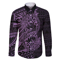 Purple Couple Dolphins Maori Polynesian Style Family Matching Off The Shoulder Long Sleeve Dress and Hawaiian Shirt LT9 Dad's Shirt - Long Sleeve Purple - Polynesian Pride