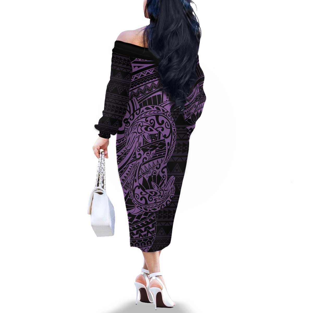 Purple Couple Dolphins Maori Polynesian Style Family Matching Off The Shoulder Long Sleeve Dress and Hawaiian Shirt LT9 - Polynesian Pride