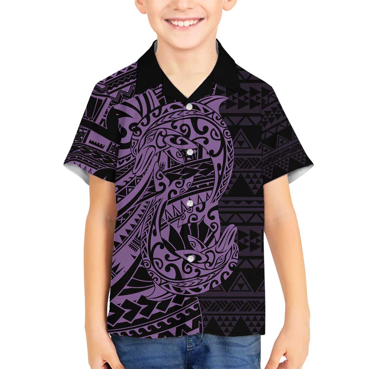 Purple Couple Dolphins Maori Polynesian Style Family Matching Off The Shoulder Long Sleeve Dress and Hawaiian Shirt LT9 Son's Shirt Purple - Polynesian Pride