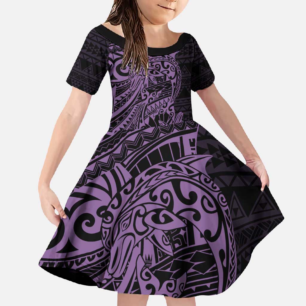 Purple Couple Dolphins Maori Polynesian Style Family Matching Off Shoulder Maxi Dress and Hawaiian Shirt LT9 Daughter's Dress Purple - Polynesian Pride