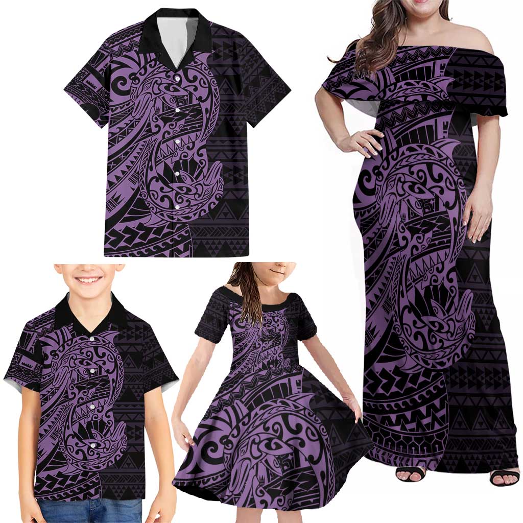 Purple Couple Dolphins Maori Polynesian Style Family Matching Off Shoulder Maxi Dress and Hawaiian Shirt LT9 - Polynesian Pride