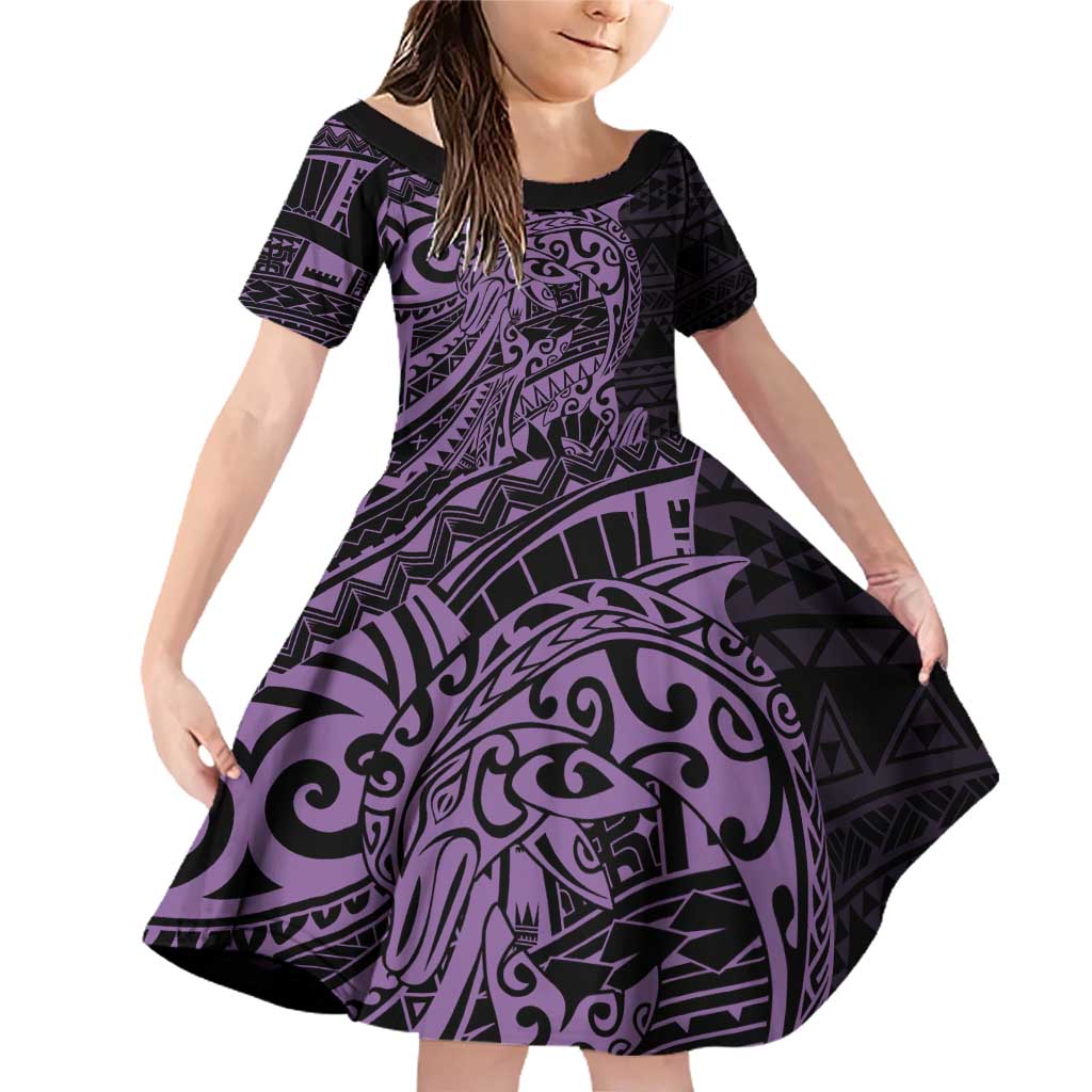 Purple Couple Dolphins Maori Polynesian Style Family Matching Off Shoulder Short Dress and Hawaiian Shirt LT9 Daughter's Dress Purple - Polynesian Pride