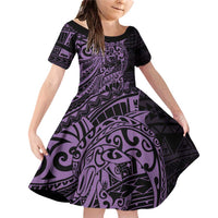Purple Couple Dolphins Maori Polynesian Style Family Matching Off Shoulder Short Dress and Hawaiian Shirt LT9 Daughter's Dress Purple - Polynesian Pride