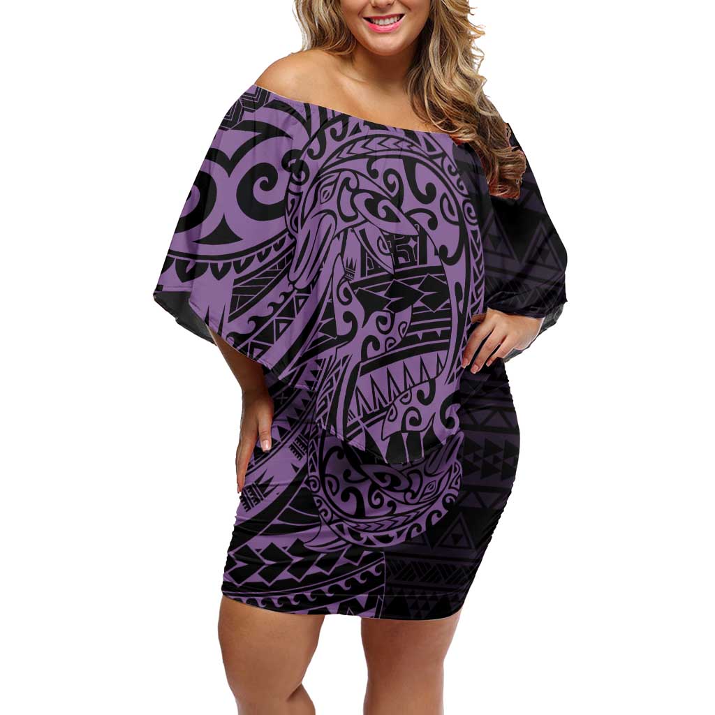 Purple Couple Dolphins Maori Polynesian Style Family Matching Off Shoulder Short Dress and Hawaiian Shirt LT9 Mom's Dress Purple - Polynesian Pride
