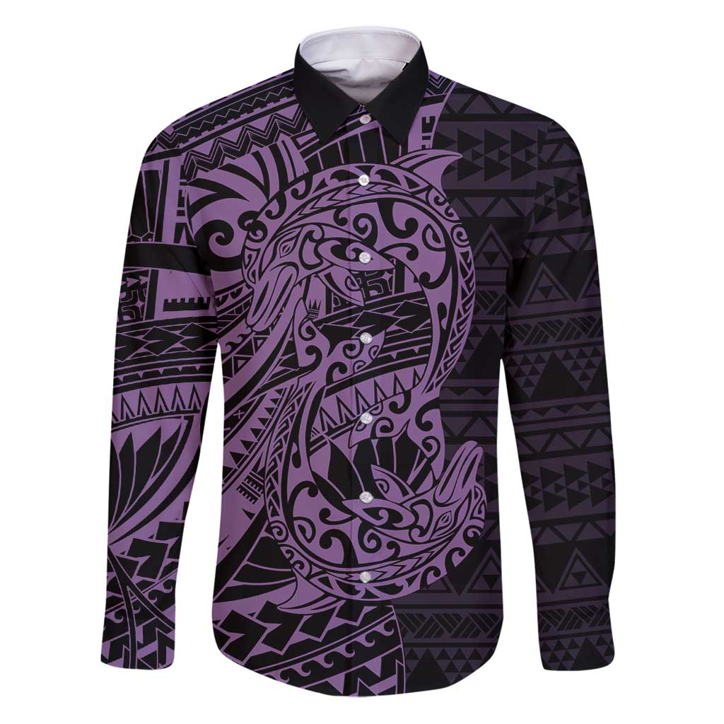 Purple Couple Dolphins Maori Polynesian Style Family Matching Puletasi and Hawaiian Shirt