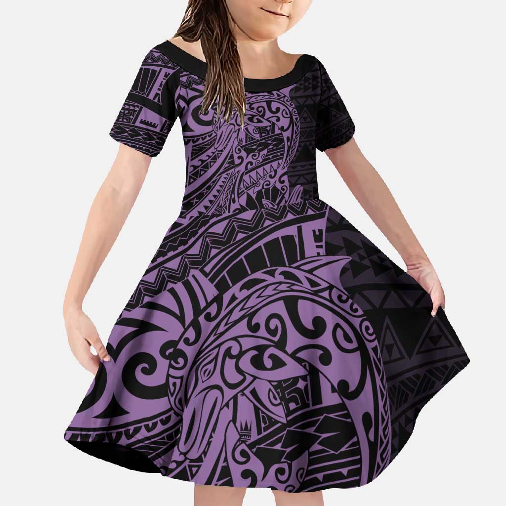 Purple Couple Dolphins Maori Polynesian Style Family Matching Summer Maxi Dress and Hawaiian Shirt LT9 Daughter's Dress Purple - Polynesian Pride