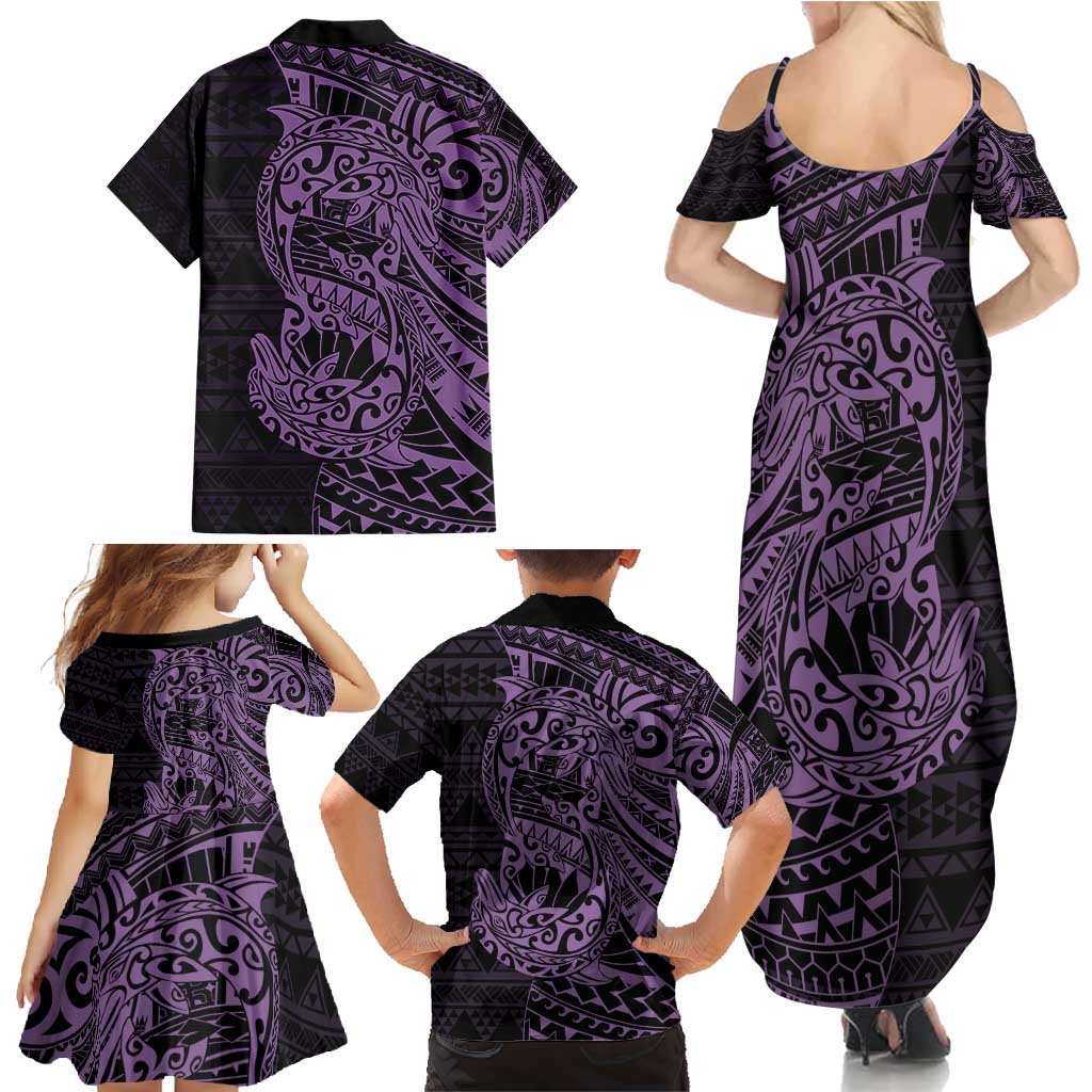 Purple Couple Dolphins Maori Polynesian Style Family Matching Summer Maxi Dress and Hawaiian Shirt LT9 - Polynesian Pride