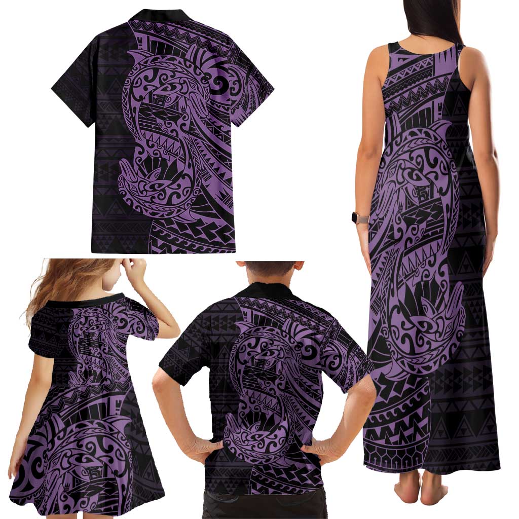 Purple Couple Dolphins Maori Polynesian Style Family Matching Tank Maxi Dress and Hawaiian Shirt LT9 - Polynesian Pride