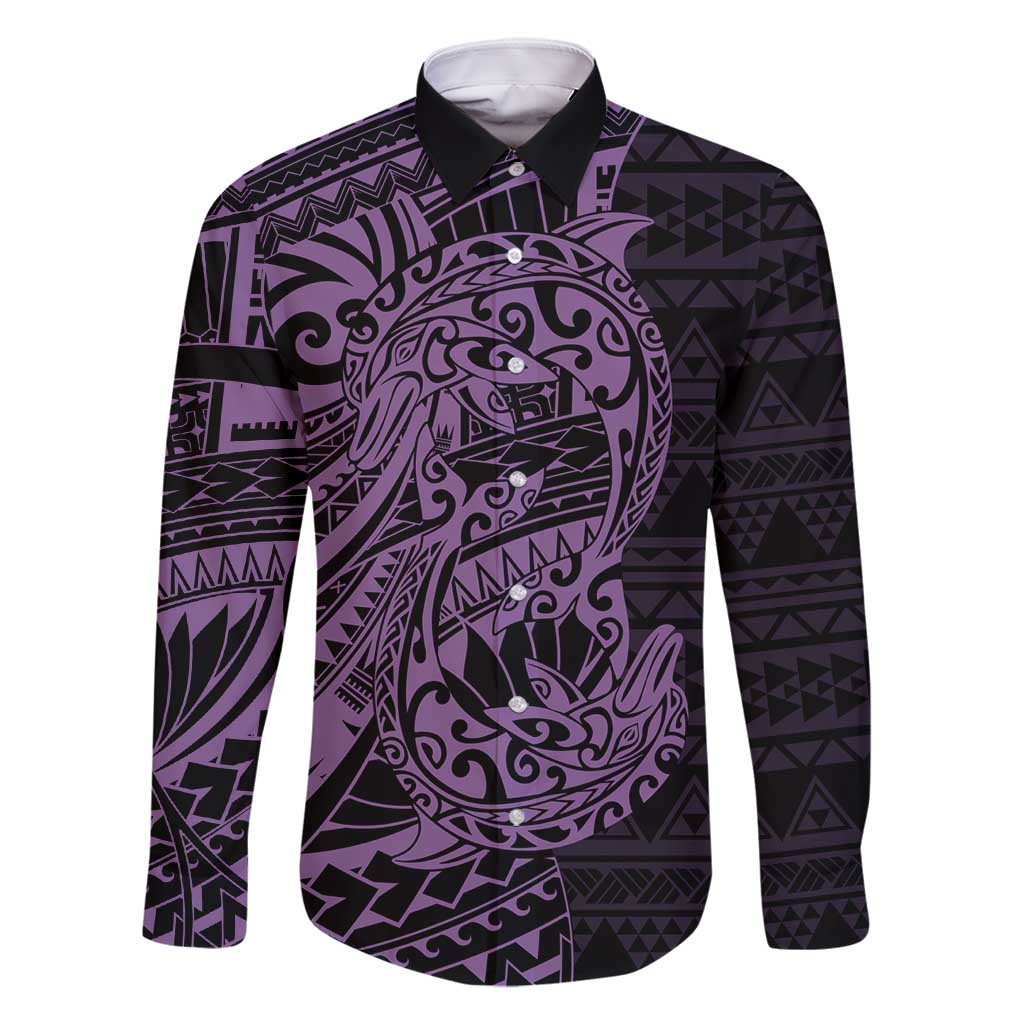 Purple Couple Dolphins Maori Polynesian Style Family Matching Tank Maxi Dress and Hawaiian Shirt LT9 Dad's Shirt - Long Sleeve Purple - Polynesian Pride