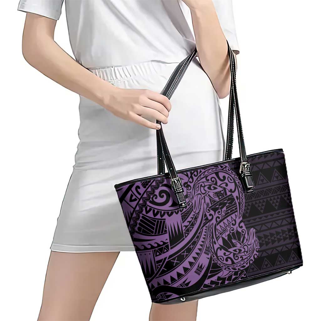 Purple Couple Dolphins Maori Polynesian Style Leather Tote Bag