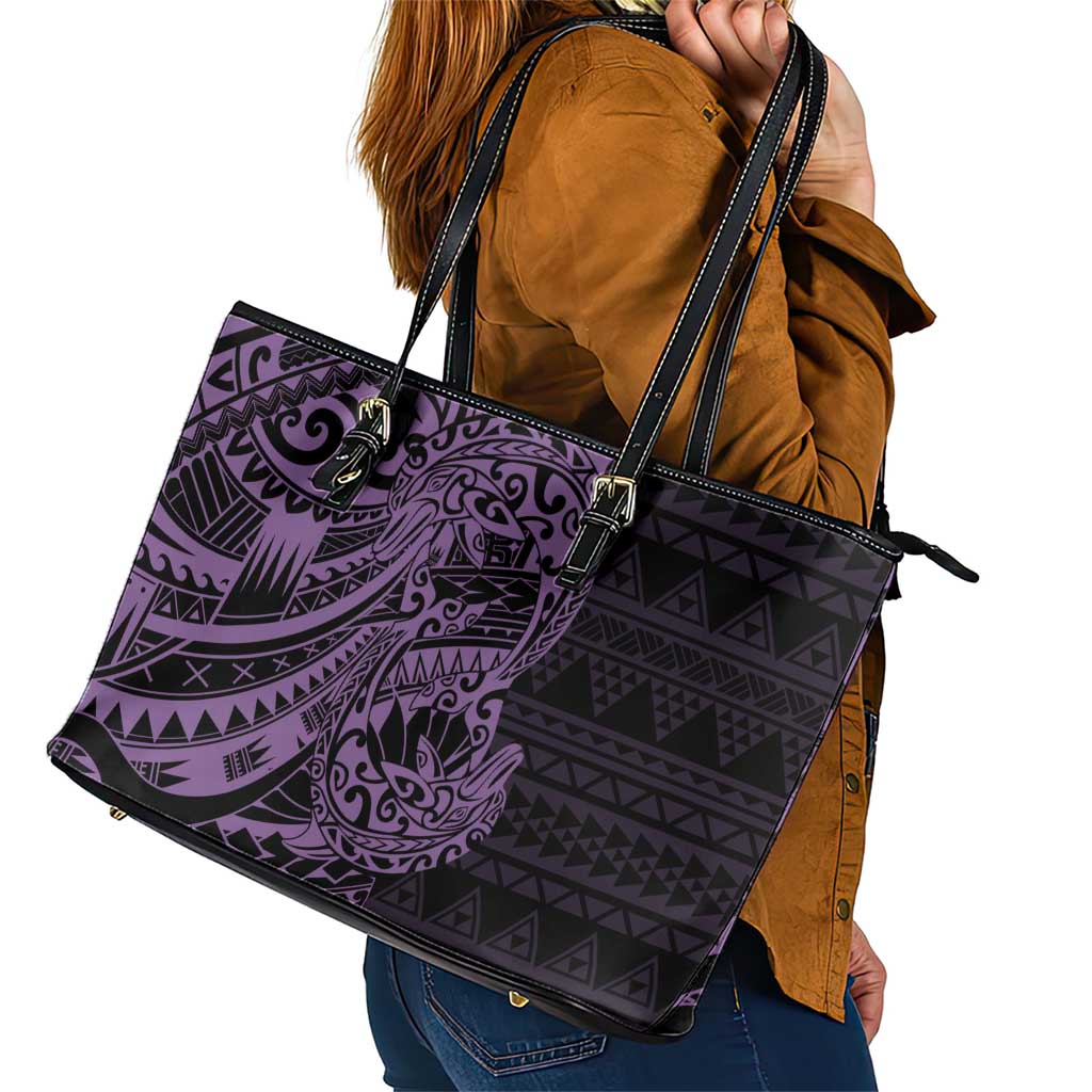 Purple Couple Dolphins Maori Polynesian Style Leather Tote Bag