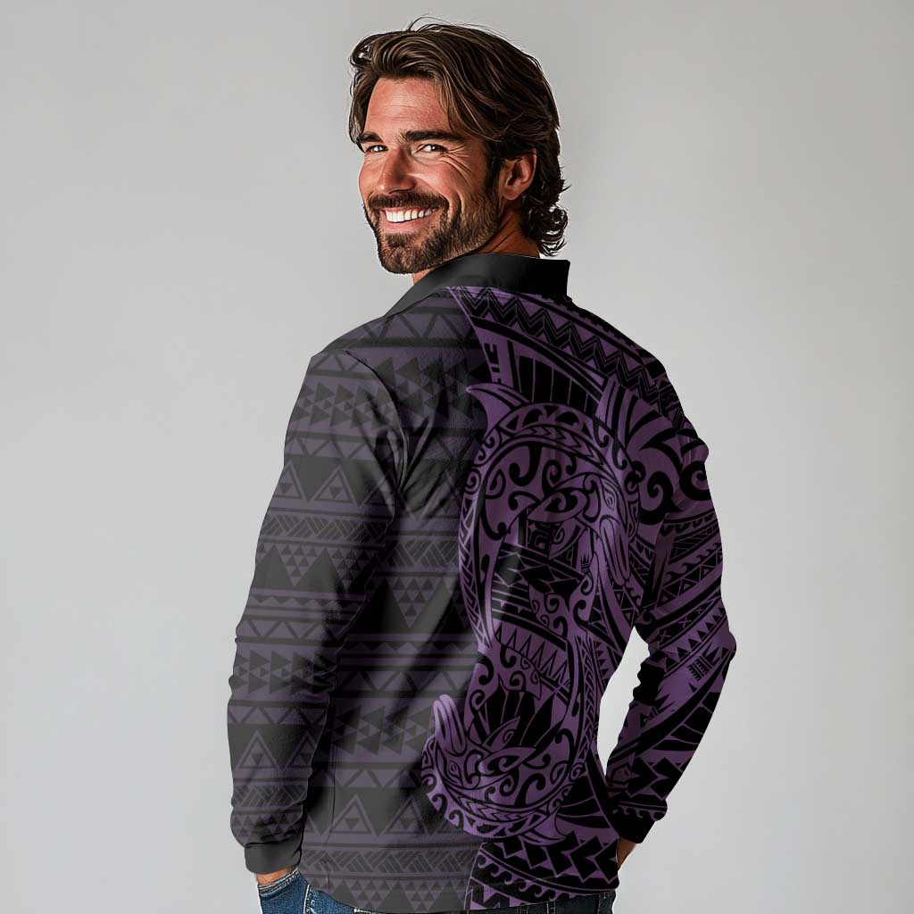 Purple Couple Dolphins Maori Polynesian Style Long Sleeve Polo Shirt