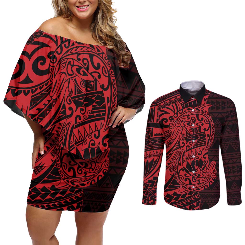 Red Couple Dolphins Maori Polynesian Style Couples Matching Off Shoulder Short Dress and Long Sleeve Button Shirt LT9 Red - Polynesian Pride