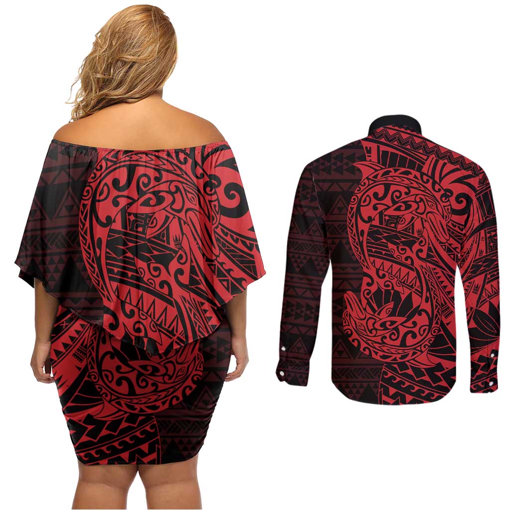 Red Couple Dolphins Maori Polynesian Style Couples Matching Off Shoulder Short Dress and Long Sleeve Button Shirt