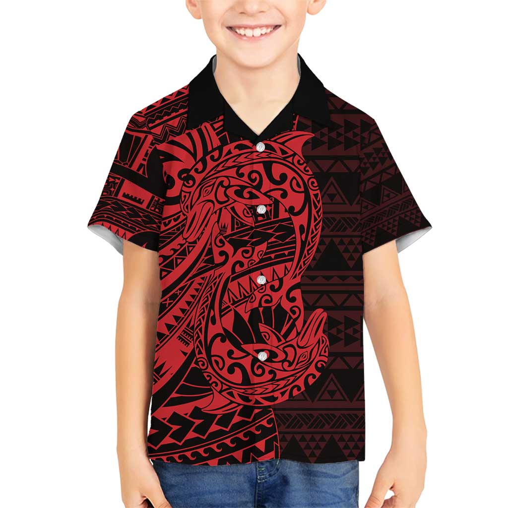 Red Couple Dolphins Maori Polynesian Style Family Matching Long Sleeve Bodycon Dress and Hawaiian Shirt LT9 Son's Shirt Red - Polynesian Pride