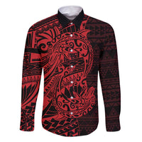 Red Couple Dolphins Maori Polynesian Style Family Matching Mermaid Dress and Hawaiian Shirt LT9 Dad's Shirt - Long Sleeve Red - Polynesian Pride