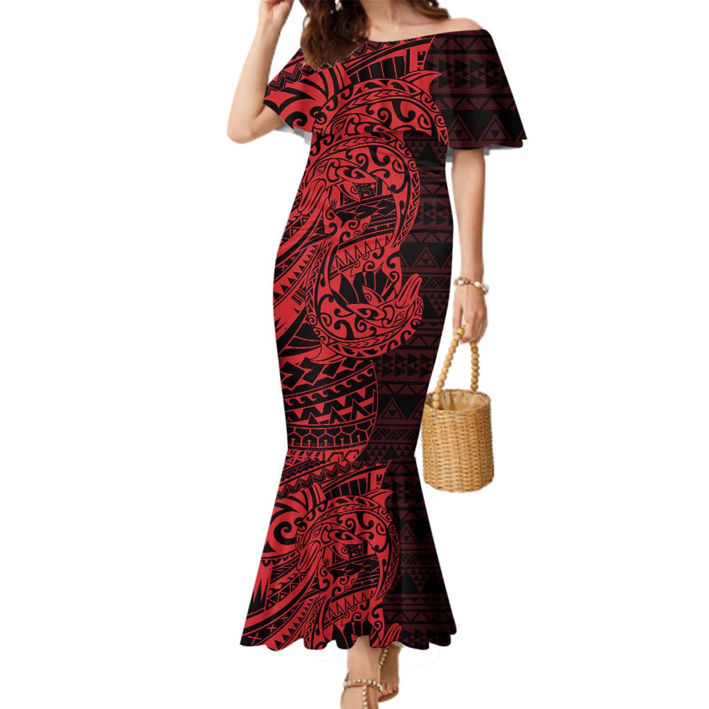Red Couple Dolphins Maori Polynesian Style Family Matching Mermaid Dress and Hawaiian Shirt LT9 Mom's Dress Red - Polynesian Pride