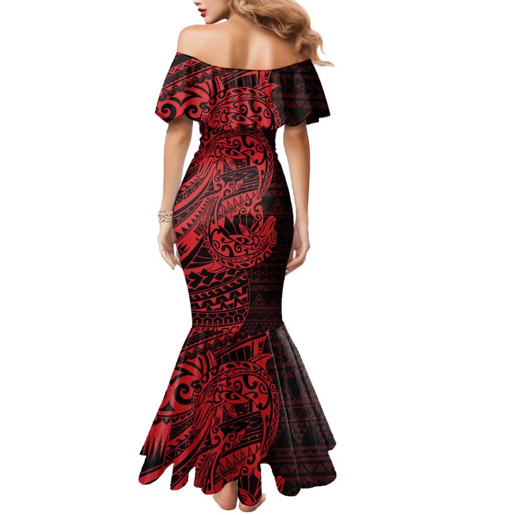 Red Couple Dolphins Maori Polynesian Style Family Matching Mermaid Dress and Hawaiian Shirt LT9 - Polynesian Pride