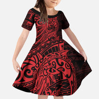 Red Couple Dolphins Maori Polynesian Style Family Matching Off The Shoulder Long Sleeve Dress and Hawaiian Shirt LT9 Daughter's Dress Red - Polynesian Pride