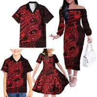 Red Couple Dolphins Maori Polynesian Style Family Matching Off The Shoulder Long Sleeve Dress and Hawaiian Shirt LT9 - Polynesian Pride