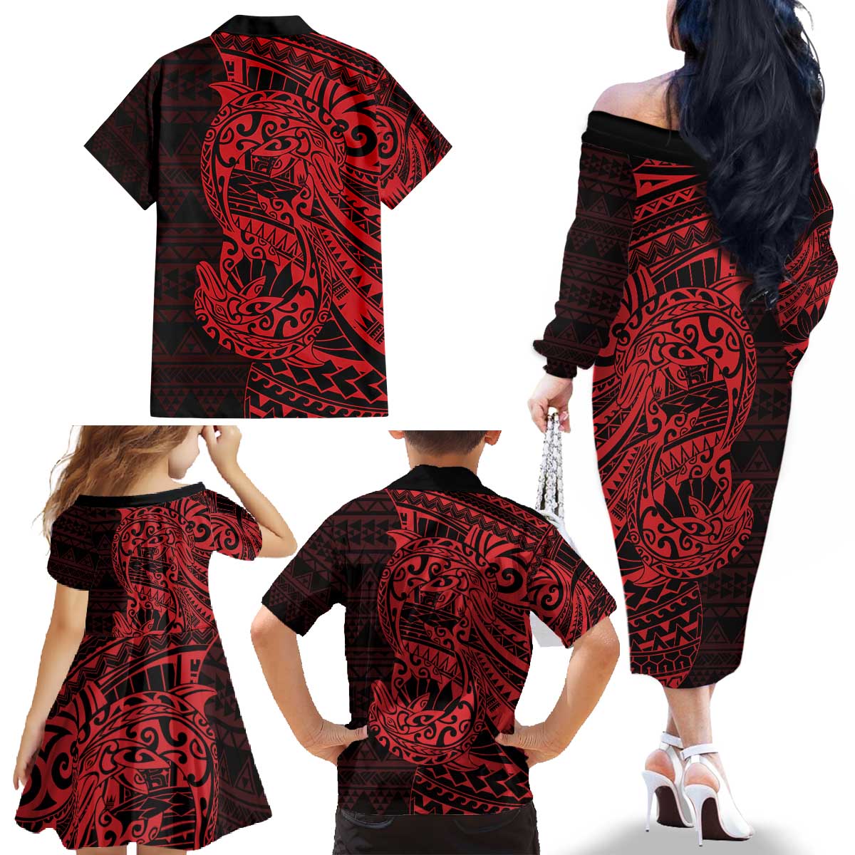 Red Couple Dolphins Maori Polynesian Style Family Matching Off The Shoulder Long Sleeve Dress and Hawaiian Shirt LT9 - Polynesian Pride