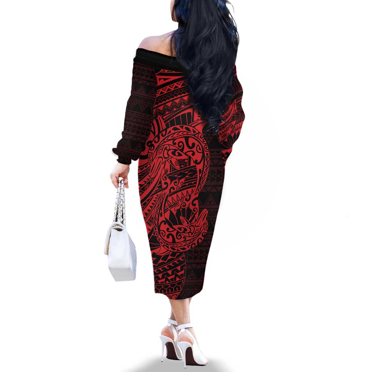 Red Couple Dolphins Maori Polynesian Style Family Matching Off The Shoulder Long Sleeve Dress and Hawaiian Shirt LT9 - Polynesian Pride