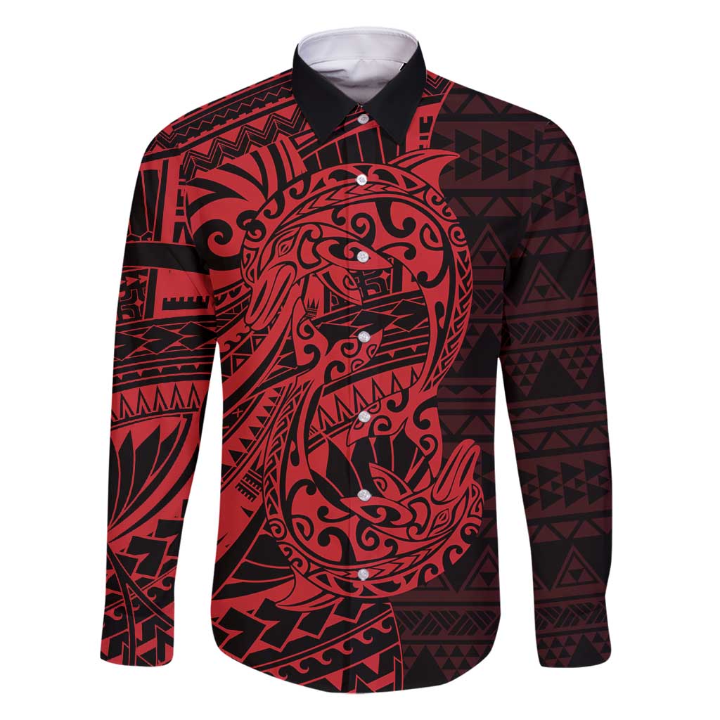 Red Couple Dolphins Maori Polynesian Style Family Matching Off Shoulder Maxi Dress and Hawaiian Shirt