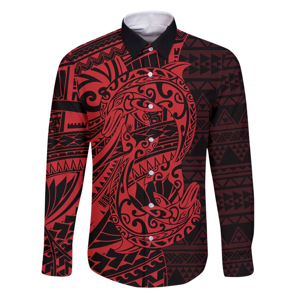 Red Couple Dolphins Maori Polynesian Style Family Matching Puletasi and Hawaiian Shirt