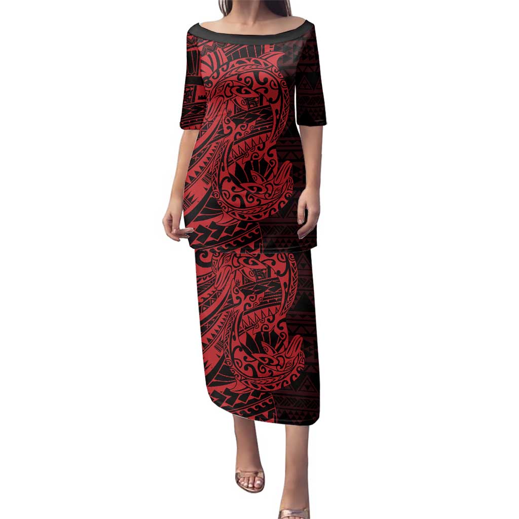 Red Couple Dolphins Maori Polynesian Style Family Matching Puletasi and Hawaiian Shirt