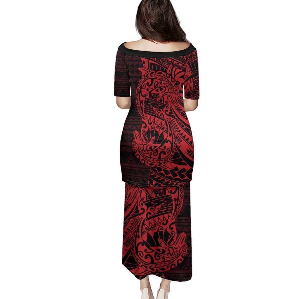 Red Couple Dolphins Maori Polynesian Style Family Matching Puletasi and Hawaiian Shirt