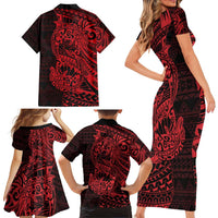 Red Couple Dolphins Maori Polynesian Style Family Matching Short Sleeve Bodycon Dress and Hawaiian Shirt LT9 - Polynesian Pride