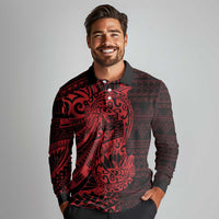 Red Couple Dolphins Maori Polynesian Style Long Sleeve Polo Shirt